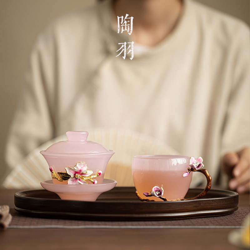 粉色花语琉璃三才盖碗茶杯一壶一杯茶盘高端泡茶具防烫敬茶手抓碗