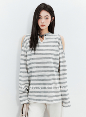 BNMGIN韩系露肩条纹长袖T恤女2026春季新款超火减龄单穿宽松上衣