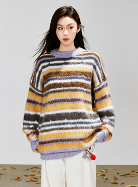 BNMGIN慵懒风软糯条纹毛衣女秋冬宽松休闲撞色穿搭针织衫套头外套