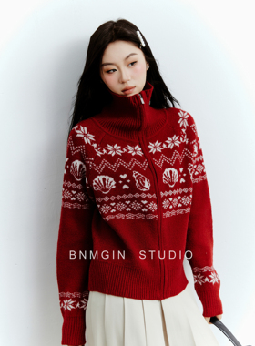 BNMGIN可翻高领复古费尔岛提花毛衣女秋冬高级感拉链针织开衫外套