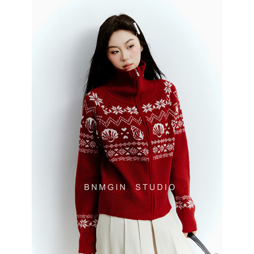 BNMGIN可翻高领复古费尔岛毛衣