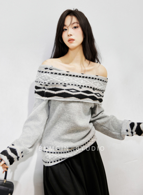 BNMGIN一字肩毛衣女复古费尔岛秋冬慵懒风加厚宽松露肩套头针织衫