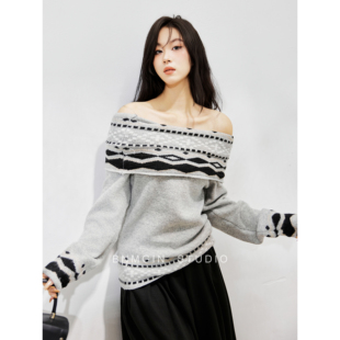 BNMGIN一字肩毛衣女复古费尔岛秋冬慵懒风加厚宽松露肩套头针织衫