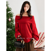 圣诞战袍套头毛织衫 BNMGIN一式 多穿连帽一字肩红色毛衣女冬季 上衣