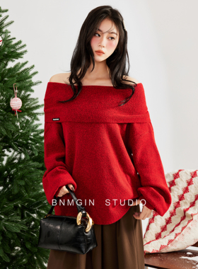 BNMGIN一式多穿连帽一字肩红色毛衣女冬季圣诞战袍套头毛织衫上衣