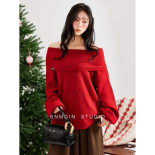 上衣 圣诞战袍套头毛织衫 BNMGIN一式 多穿连帽一字肩红色毛衣女冬季