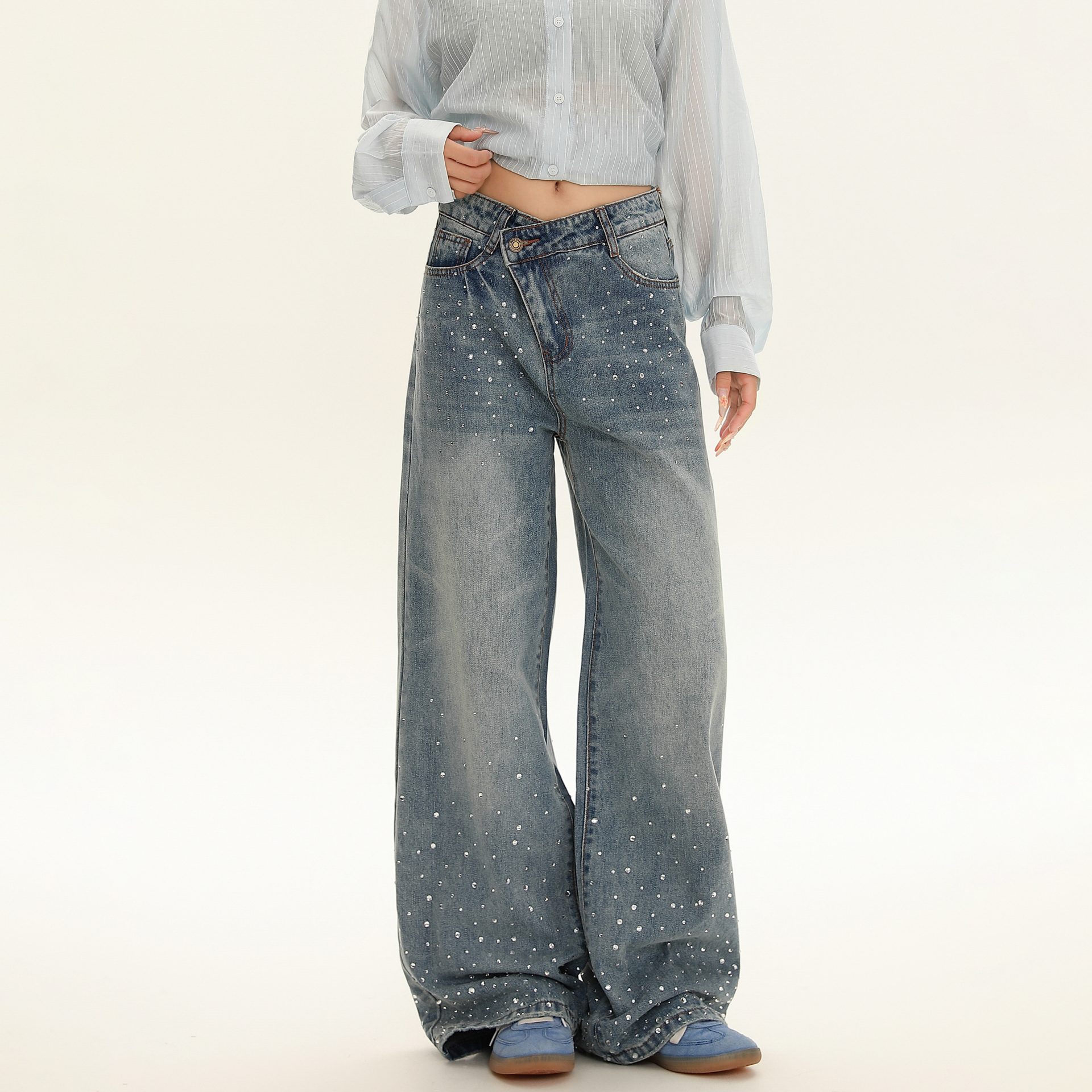 BNMGIN美式设计满天星烫钻牛仔裤