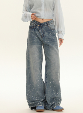 BNMGIN美式设计感满天星烫钻牛仔裤女街头风显瘦拖地阔腿长裤子潮