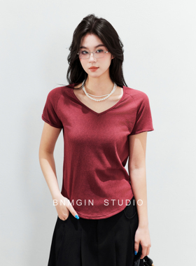 BNMGIN绝美巨好看的小上衣韩系简约休闲基础V领短袖T恤女2026新款