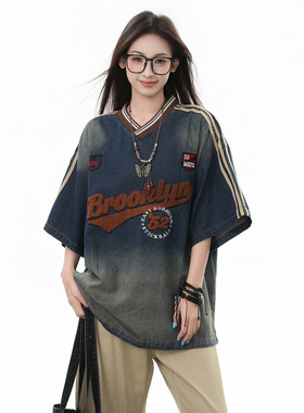 BNMGIN美式复古重工字母刺绣水洗牛仔短袖T恤宽松潮牌情侣款上衣