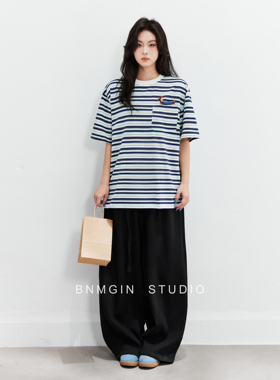 BNMGIN2026夏季条纹短袖T恤女休闲简约宽松落肩袖超火减龄上衣女