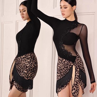 立体花上衣分体豹纹流苏绑裙 成人女拉丁舞服练习服长袖 冬季 新款