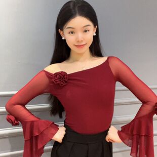 针织连体上衣修身 2026新款 拉丁舞服成人摩登立体花朵斜肩荷叶袖