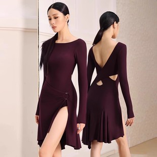 2026秋冬新款 后V分岔连衣裙 拉丁舞服成人日常练功服高级感长袖