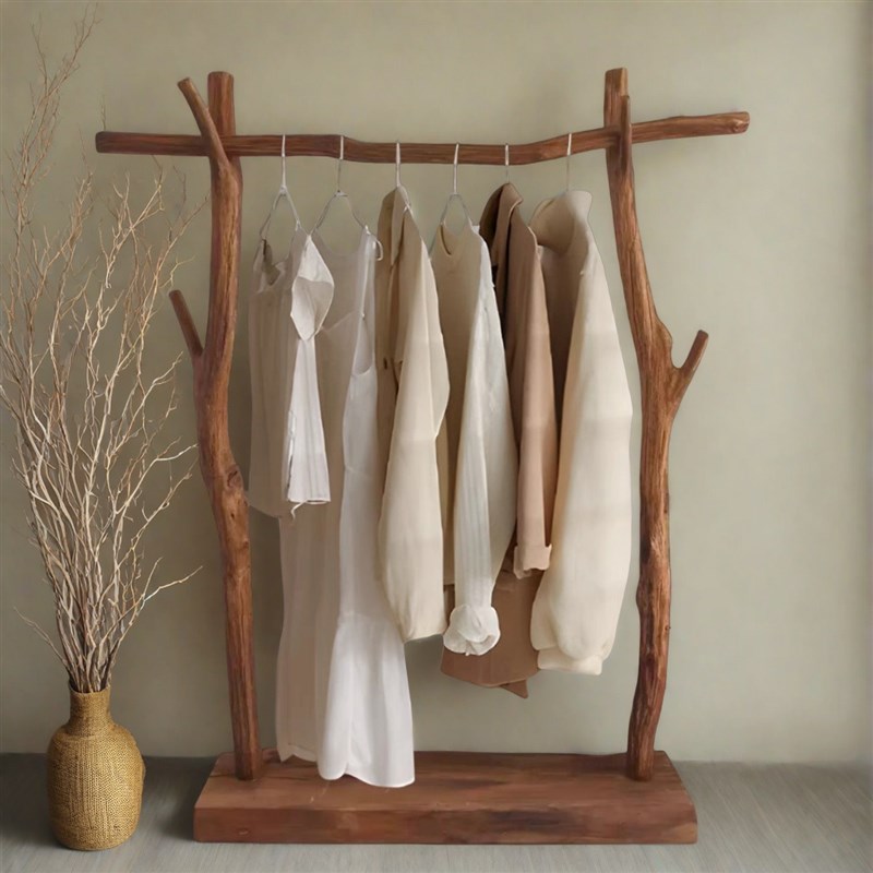 纯天然复古c落地架家用实木挂衣架民宿衣帽展示架高端服装陈列木