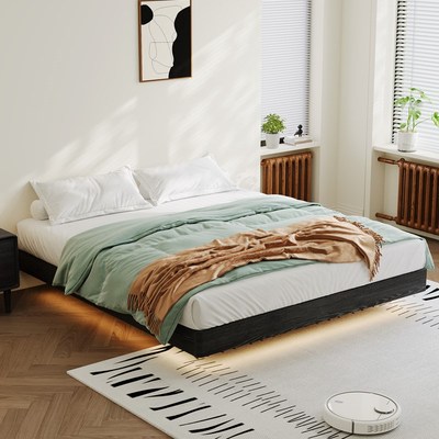 北欧橡木无床头悬浮床纯实木w床榫卯结构榉木排骨架全实木床无靠