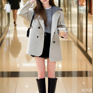 A中长款假两件连帽毛呢女式毛呢外套大衣女25冬新款韩版宽松羊毛