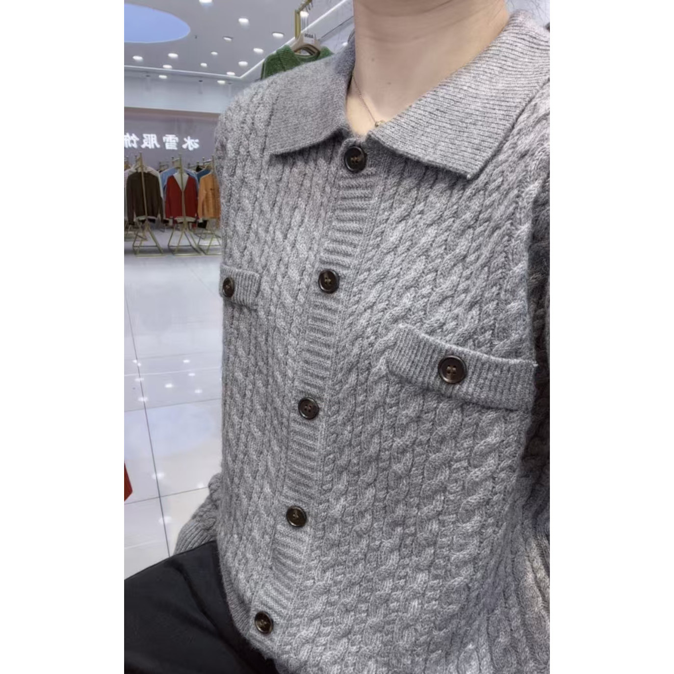 【纽扣麻花-灰】秋冬新款韩版麻花方领针织毛衣开衫气质显瘦