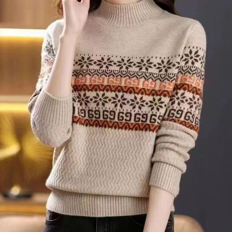 【大花毛衣】2025新款半高领提花毛衣内搭套头宽松复古打底衫
