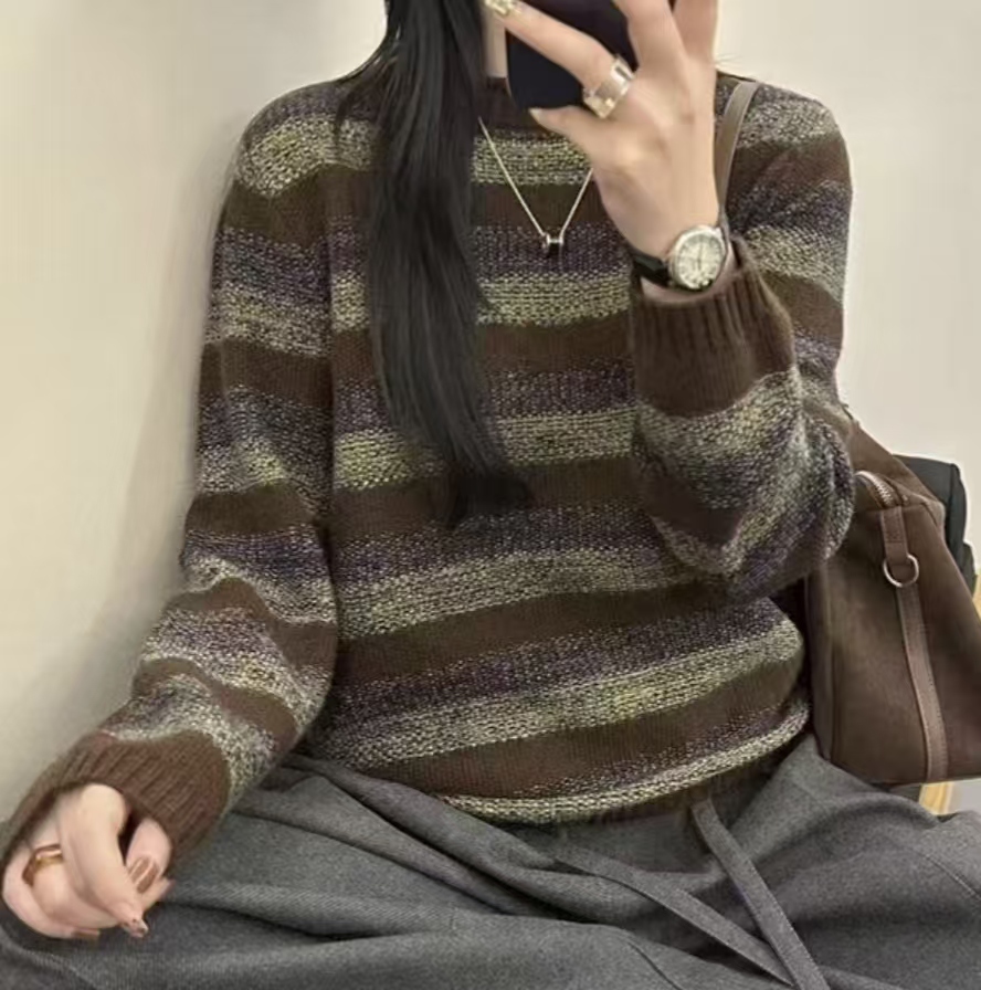 【咖条毛衣】2025新款高级设计感休闲条纹针织毛衣洋气显瘦