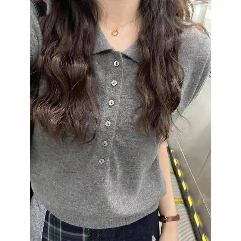 【灰色方领】韩系灰色polo领短袖正肩t恤女夏季短款针织翻领上衣,女装/女士精品,T恤,淘宝优惠券,粉丝福利购,淘宝优惠卷