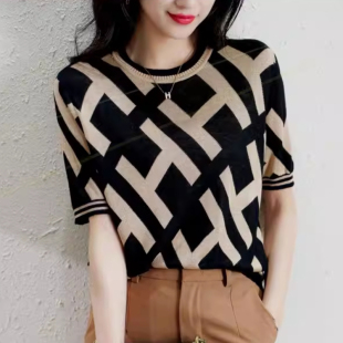 冰丝针织短袖 新款 夏季 T恤女 黑金短袖