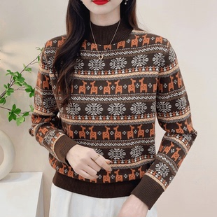 【小鹿-咖】秋冬加厚提花毛衣女2025新款女装百搭洋气半高领上衣