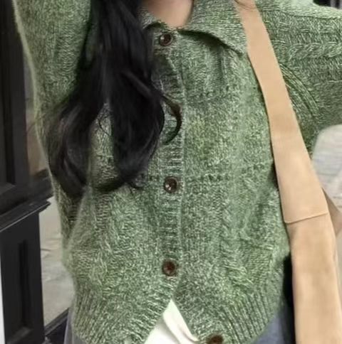 【绿色盎然】2025秋冬新款韩系复古花纱翻领针织开衫女简约