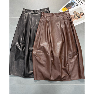 全植鞣绵羊皮花苞皮裙女2025秋冬新真皮高腰显瘦长裙皮裙B1299