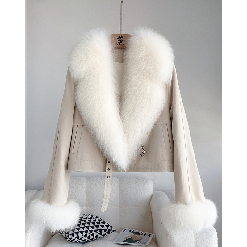进口狐狸毛皮草外套女短冬新款机车羽绒服大衣小个子年轻B1973