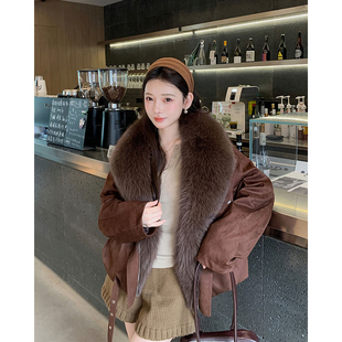 B2086 鹅绒内胆年轻款 大毛领机车款 狐狸毛皮草外套女2025海宁短款