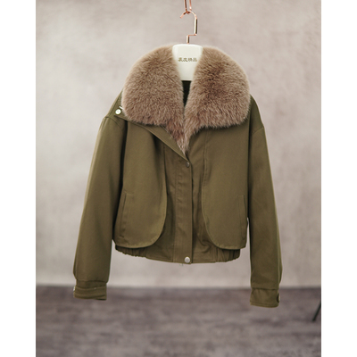 皮草派克服女鹅绒内胆可拆卸狐狸毛领麂皮绒羽绒外套短款B1856