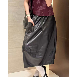 2025新款长裙绵羊皮花苞裙松紧腰休闲半身裙真皮皮裙高腰B1386