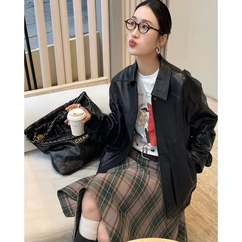 宋佳同款山羊皮绒面真皮皮衣复古工装夹克机车服外套女2025B1502