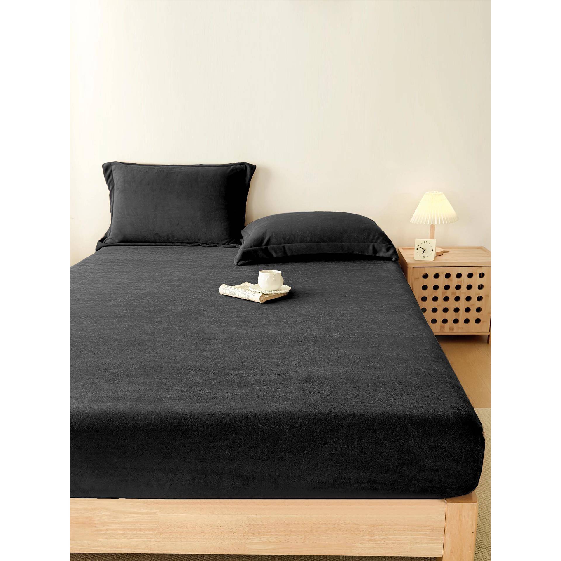 可定制牛奶绒床笠单件冬保暖高级绒面床罩三件套加厚防滑床单黑色