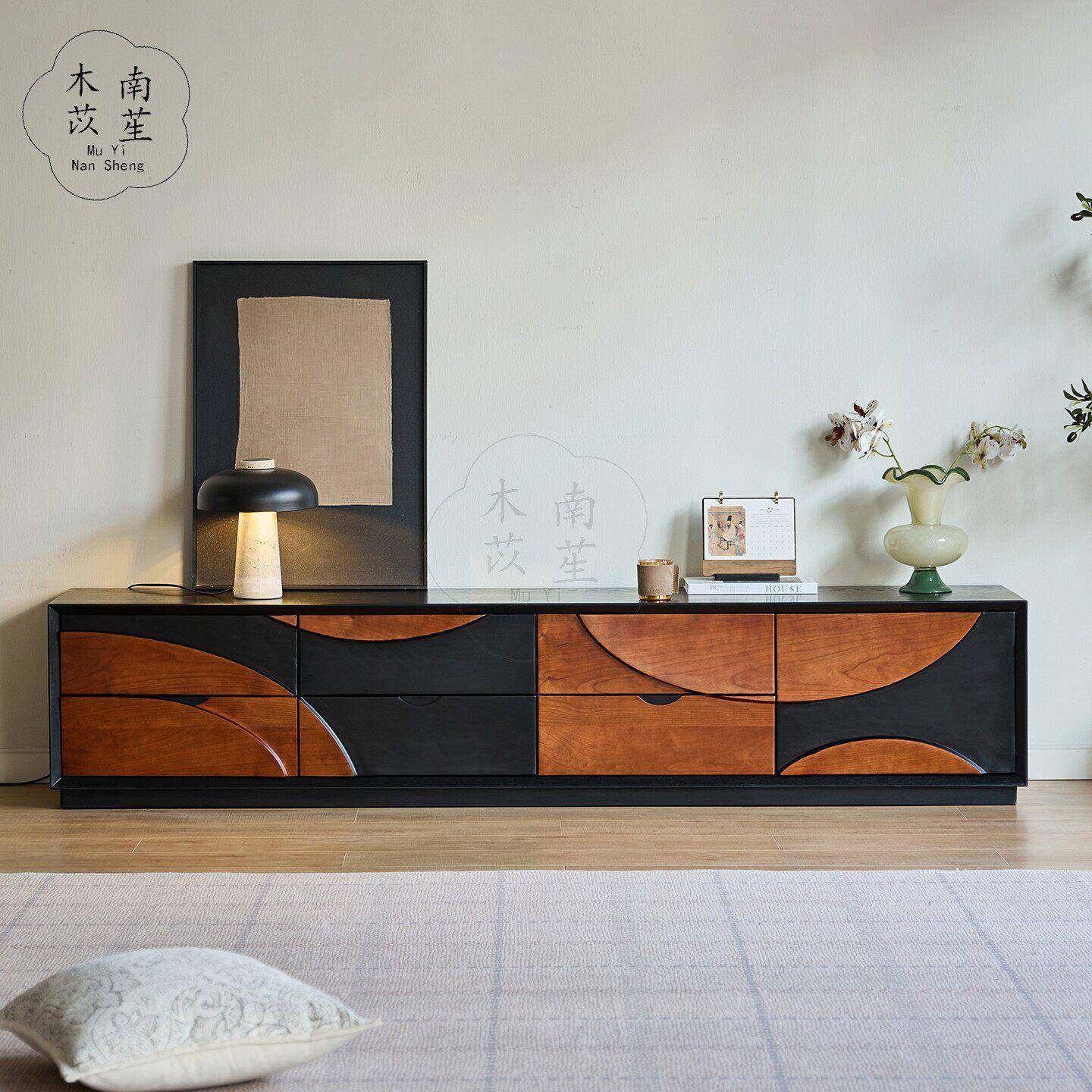 法式樱桃木中古风艺术设计电视柜矮柜小户型撞色组合收纳玄关斗柜