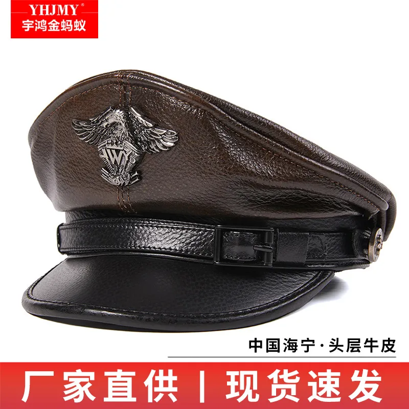 真皮平顶帽子男帽女船长帽潮春秋冬海盗水手帽牛皮时尚机车帽