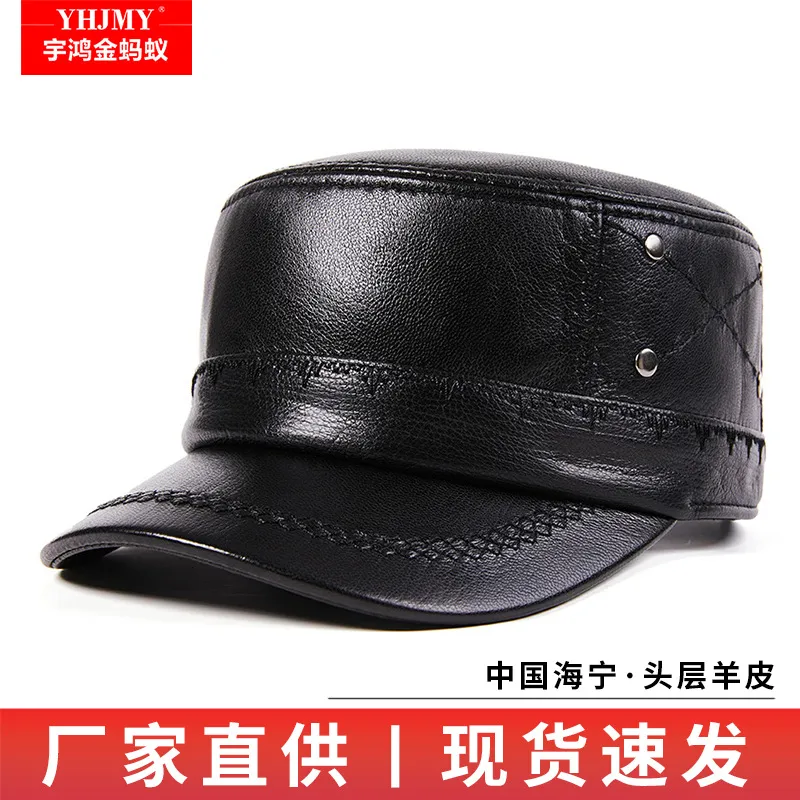 头层羊皮帽子男式真皮长辈送礼爸爸中老年人平顶秋冬鸭舌棒球帽女