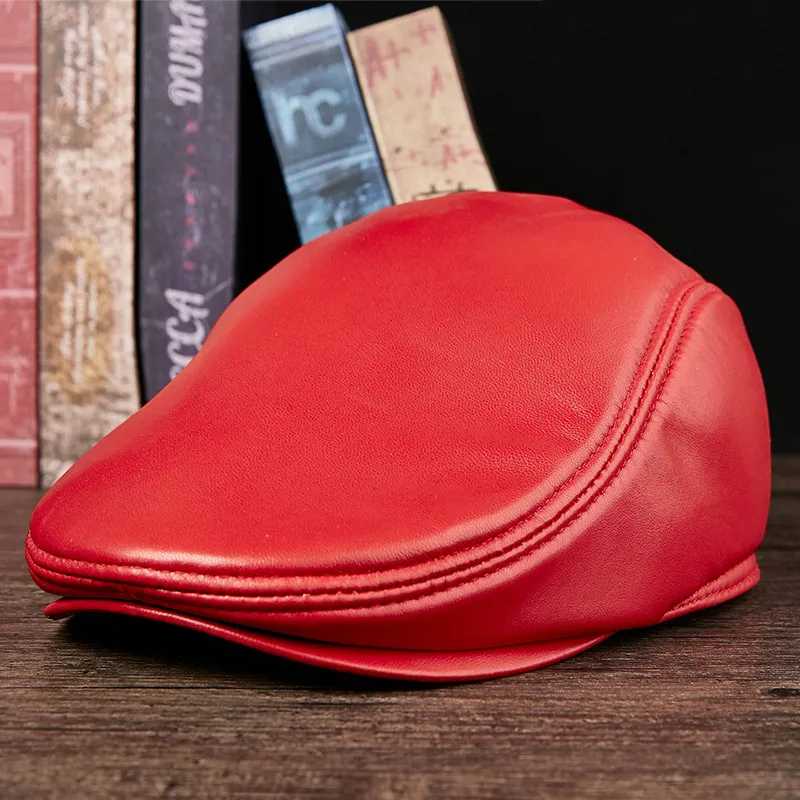 真皮帽子男女秋冬季韩版羊皮前进帽单帽棉帽保暖鸭舌帽女大红色