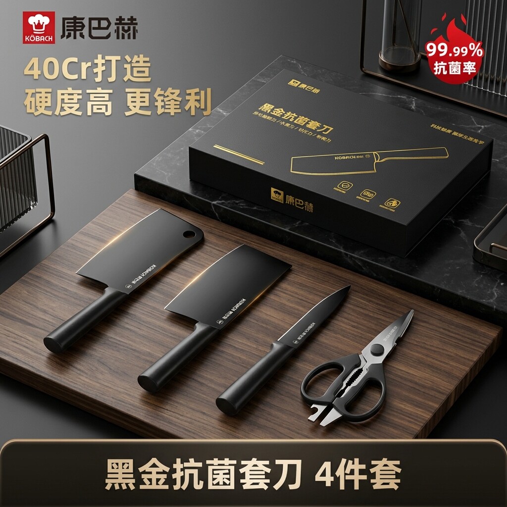 【康巴赫】不锈钢刀具套装4件套家用厨房刀具抗菌锋利厨房用品