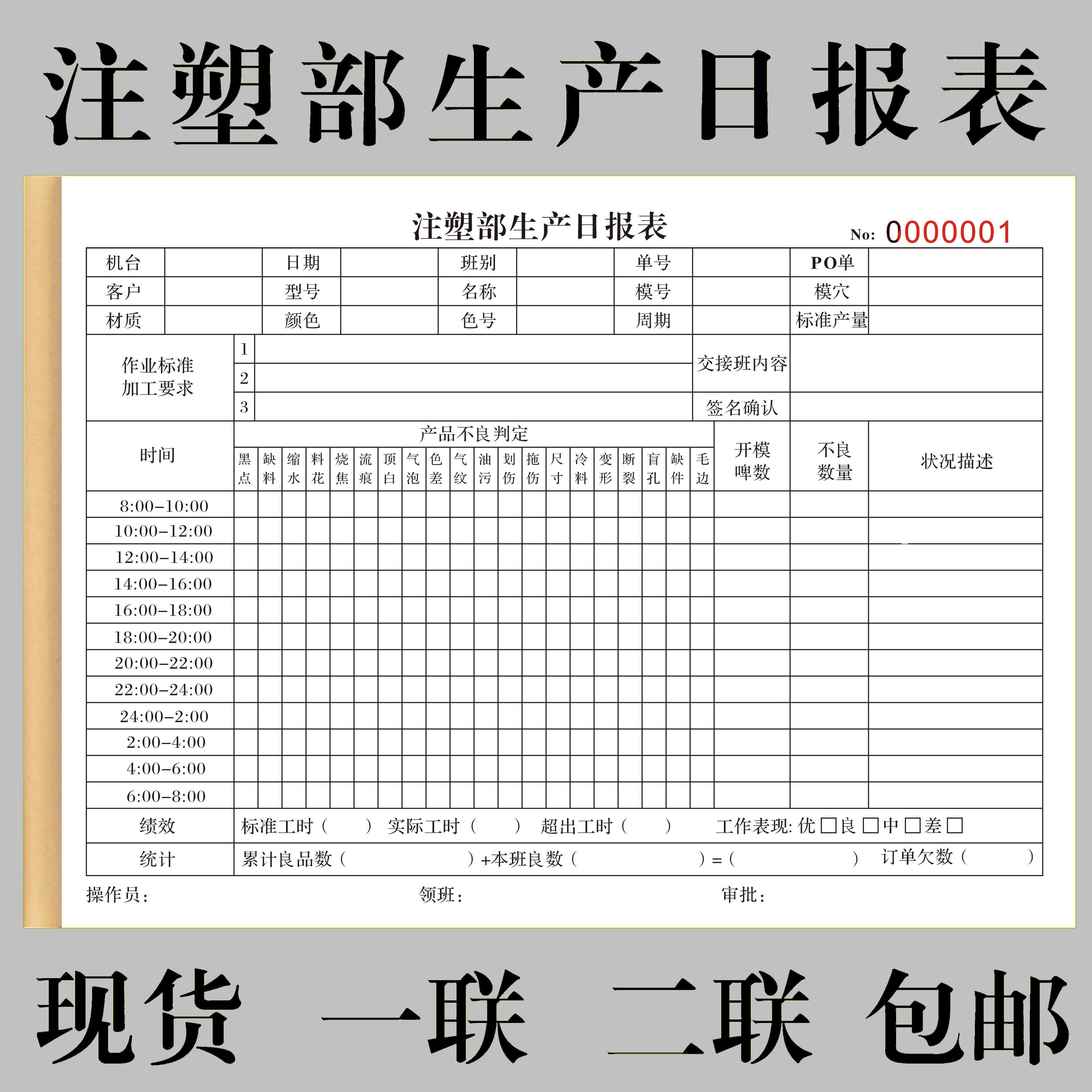 工厂车间注塑部生产日报表一二联定制每日周成品生产表格出库单据