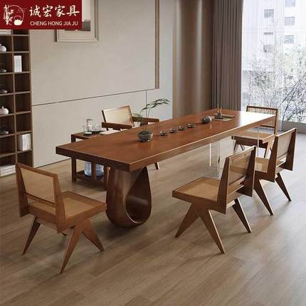 诚宏现代简约实木茶桌椅组合一桌五椅亚克力原木茶台泡茶桌大板桌