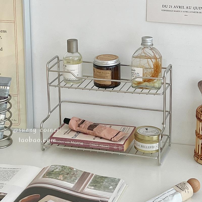 ins双层不锈钢台面置物架卧室桌面香水化妆品整理收纳架金属杯架