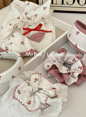 韩版小清新红色樱桃布艺发箍蕾丝花边大肠发圈甜美方巾发绳女