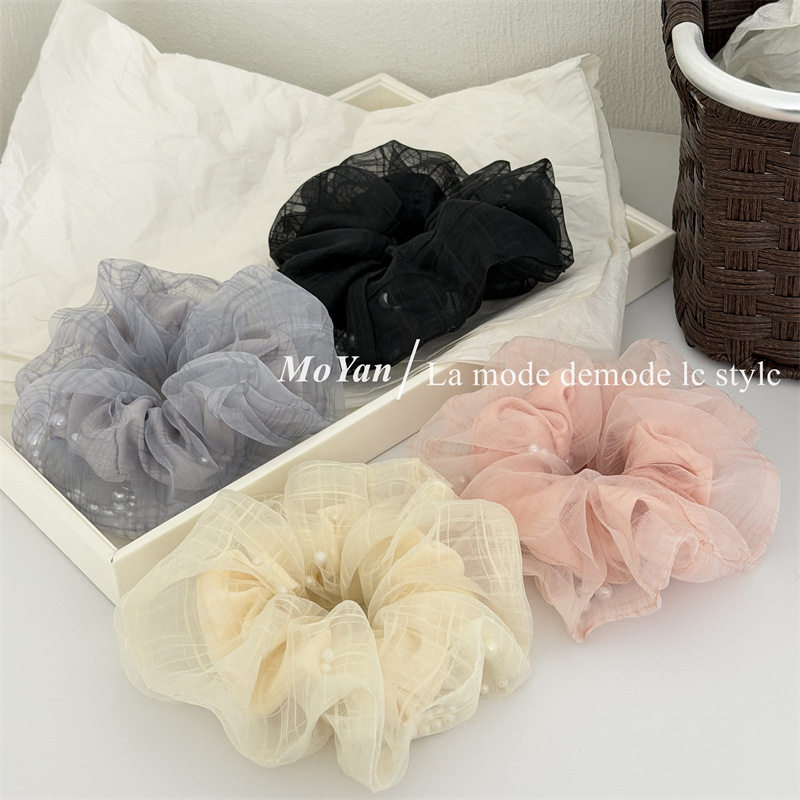 韩版双层格纹网纱珍珠大肠发圈感网红发绳慵懒丸子头头绳头花,饰品/流行首饰/时尚饰品新,发饰,淘宝优惠券,粉丝福利购,淘宝优惠卷