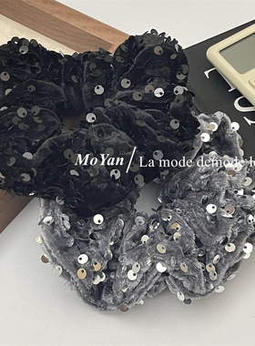 感灰色亮片丝绒大肠发圈头饰高弹力扎头绳后脑勺盘发发绳秋冬
