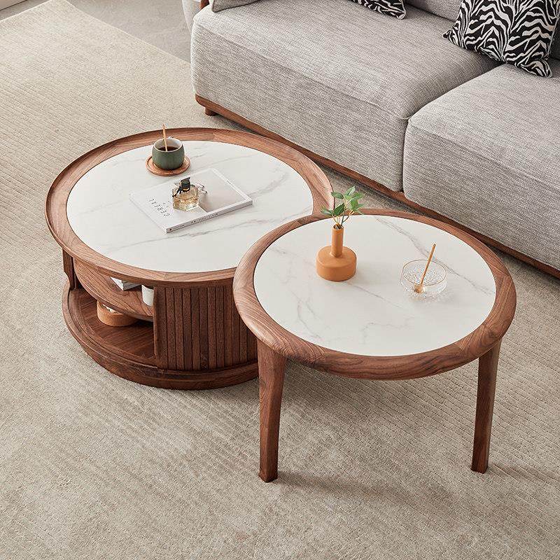 北美黑胡桃木圆形茶几北欧圆几组合简约现代客厅家具实木圆几组合