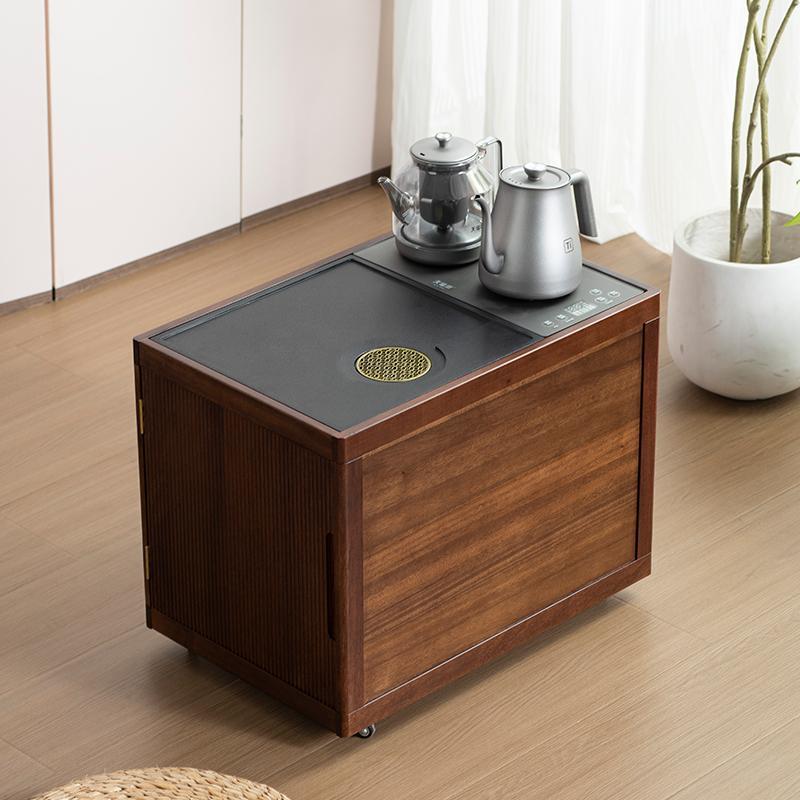 黑胡桃木移动茶台沙发边几烧水壶一体式茶几边柜客厅小户型茶水柜