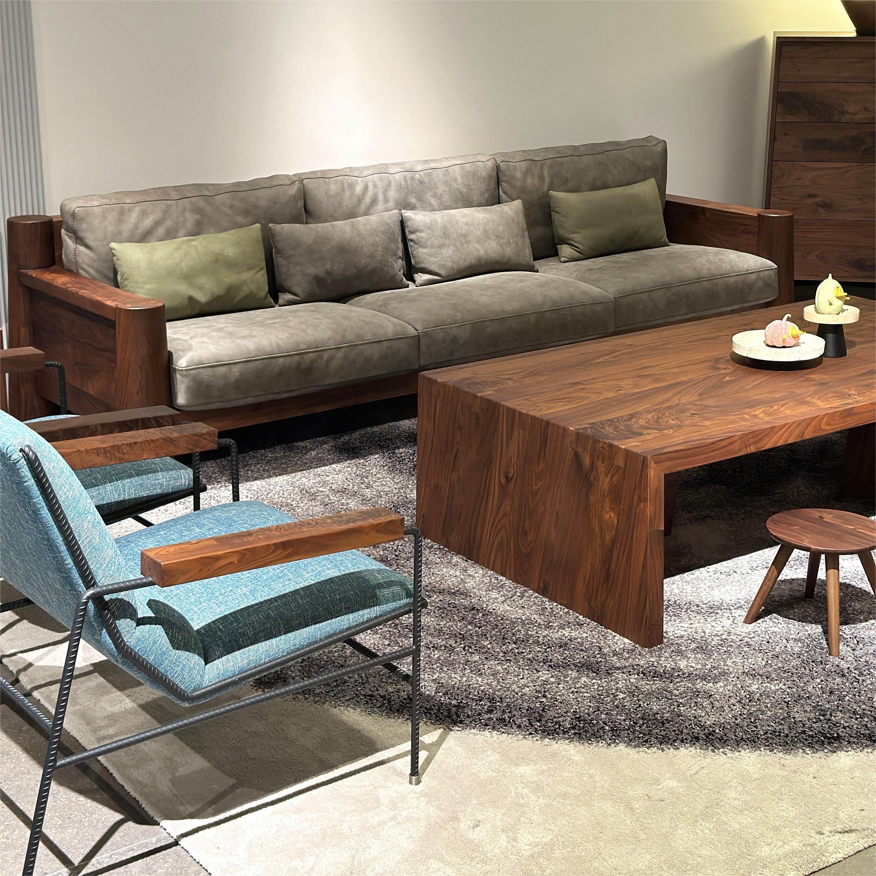 新中式会客办公沙发实木茶几组合接待商务洽谈简约现代真皮沙发