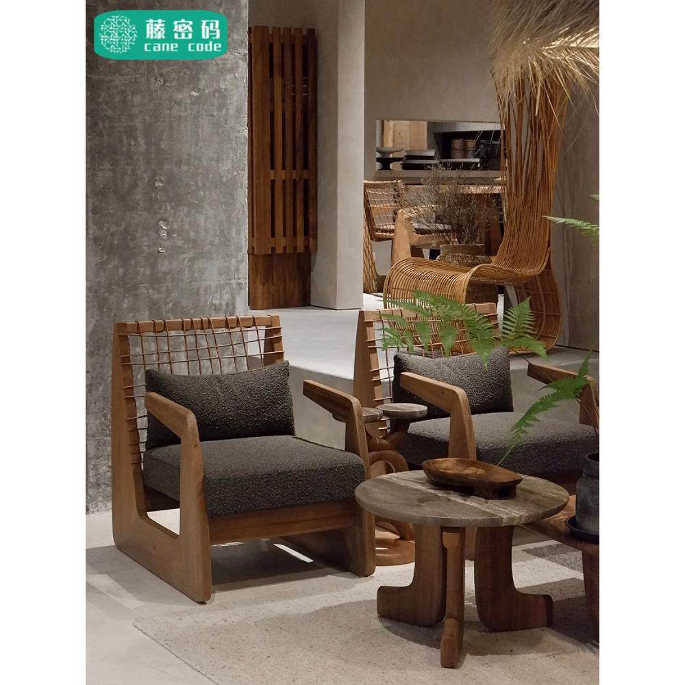 Wabi-Sabi风格原木牛皮绳沙发椅家庭客厅阳台休闲单人椅民宿藤椅,住宅家具,沙发椅,淘宝优惠券,粉丝福利购,淘宝优惠卷